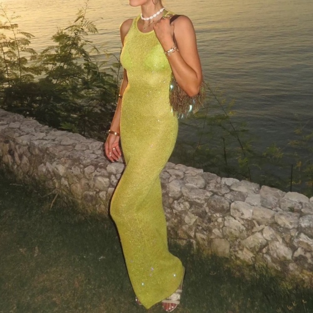 Asta Resort Natalia Maxi Dress Chartreuse Sequins - Picture 7 of 13